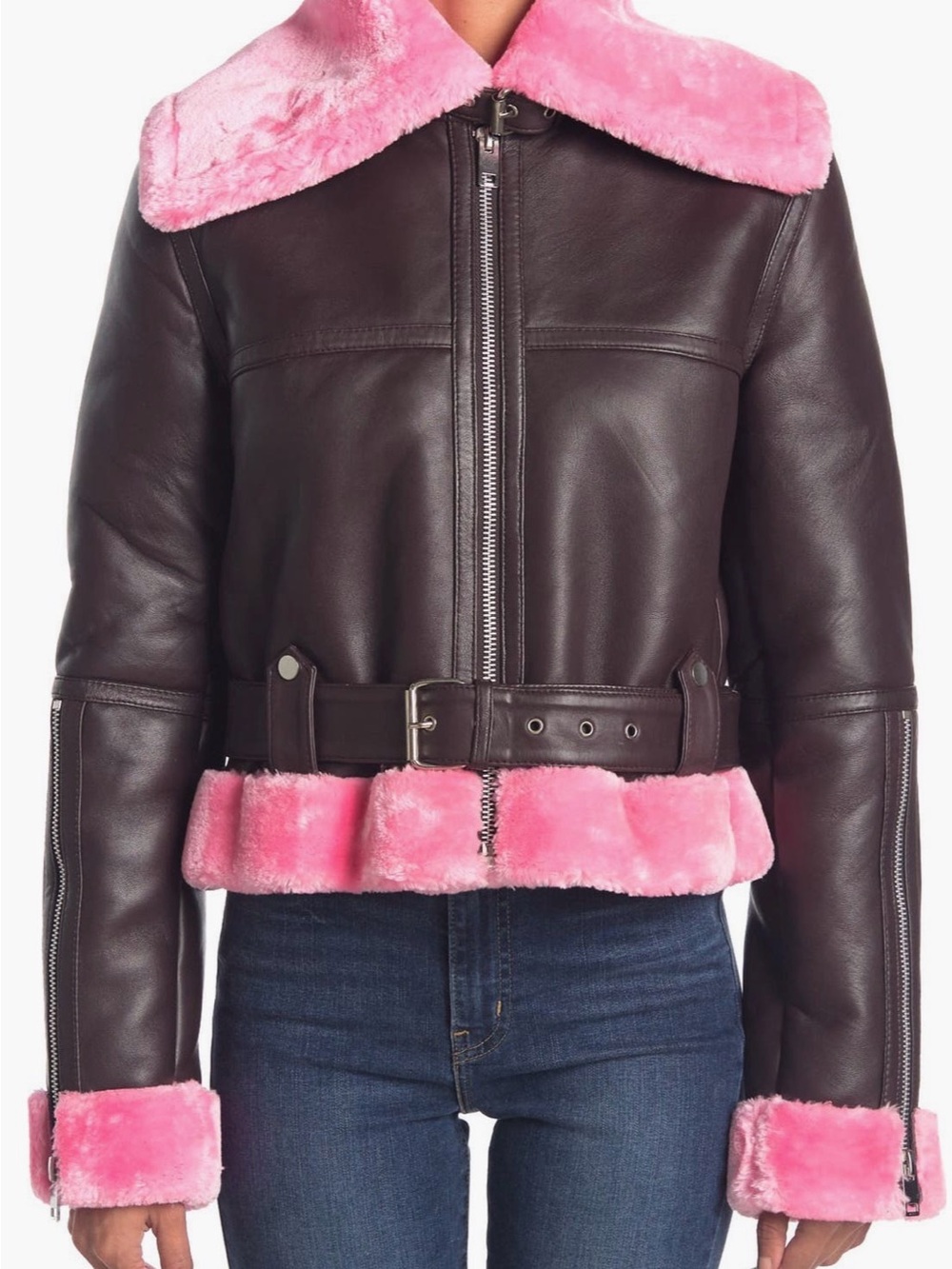 Walter Baker Dark Brown Lamb Leather Jacket with Pink Shearling Trim (NWT)